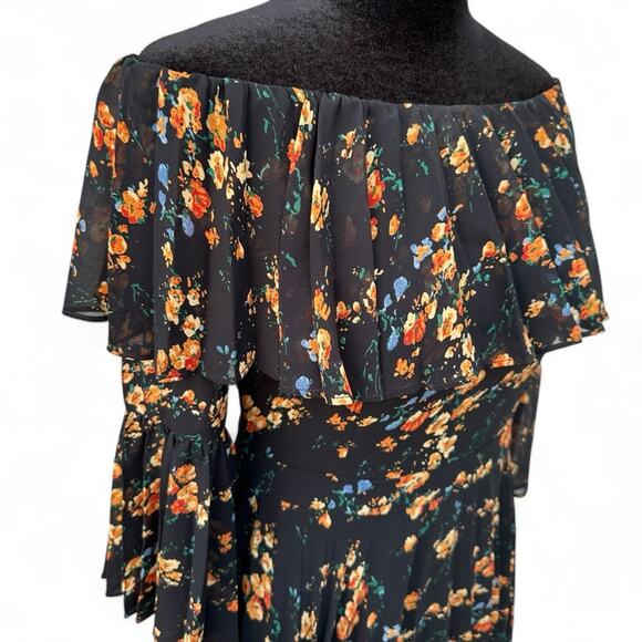 Revolve Bardot Ditsy Layered Black Floral Dress | Off Shoulder Spring Coquette - Picture 9 of 13